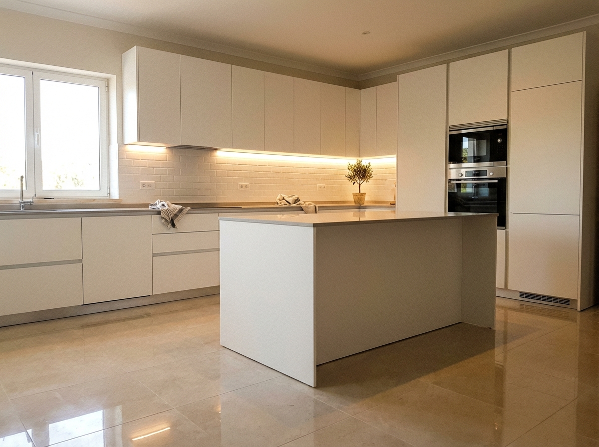 Cozinha lacada branco mate com ilha central