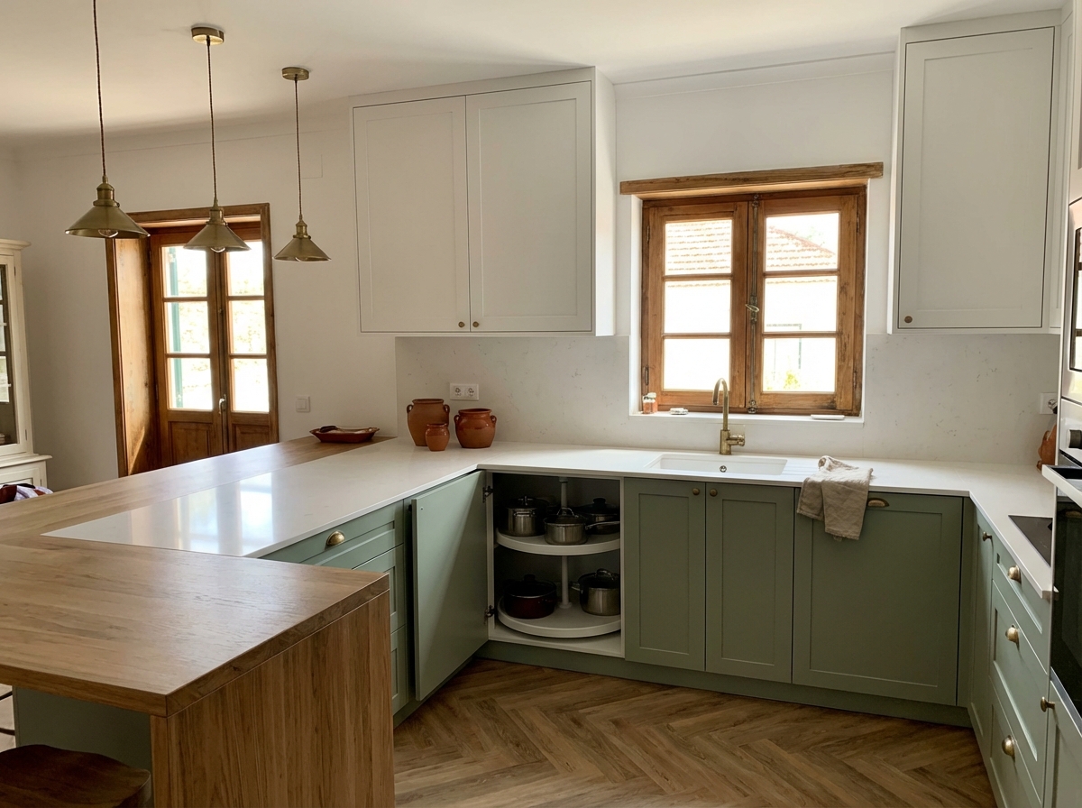 Cozinha em L com bancada em quartzo branco