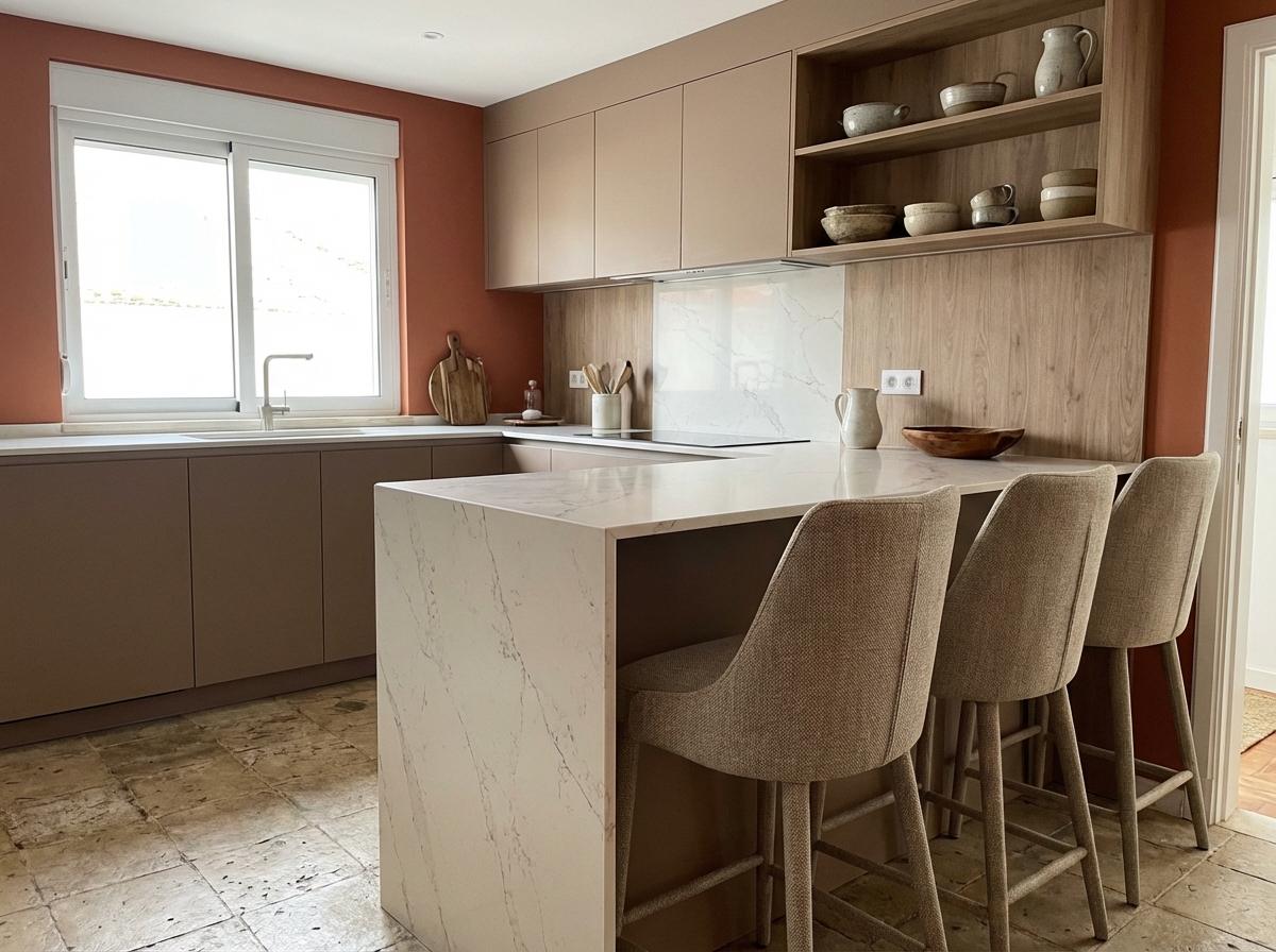 Cozinha com península e área de refeições integrada