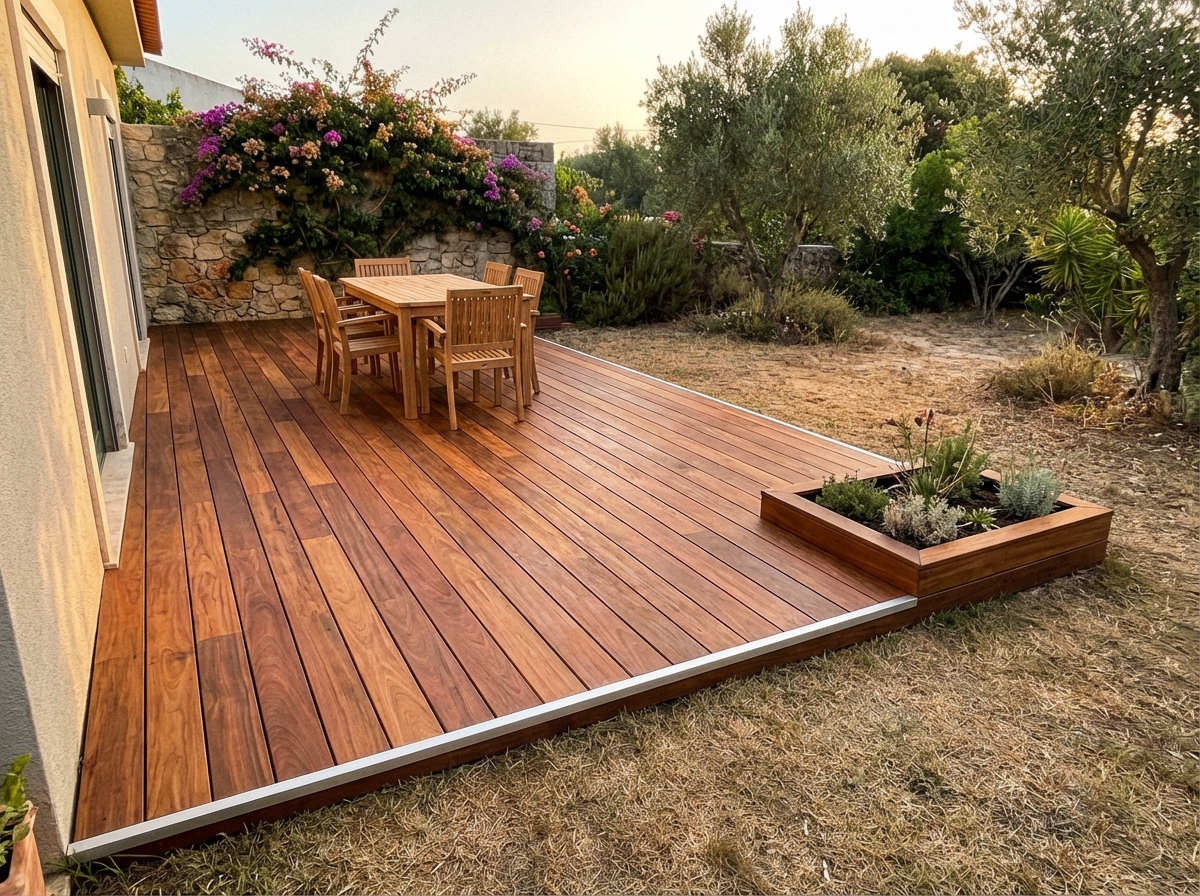 Deck em madeira de ipê num jardim com relva