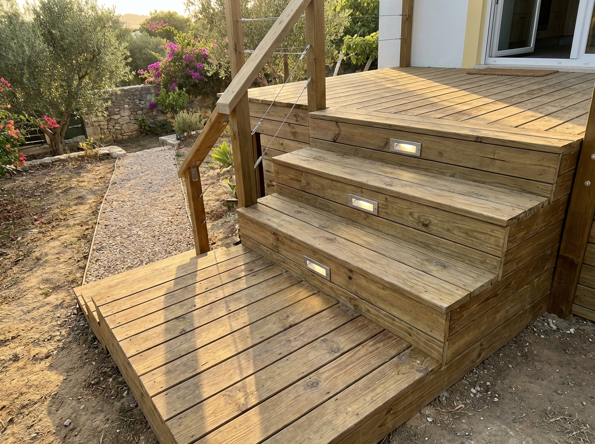 Deck em pinho tratado com escadas integradas