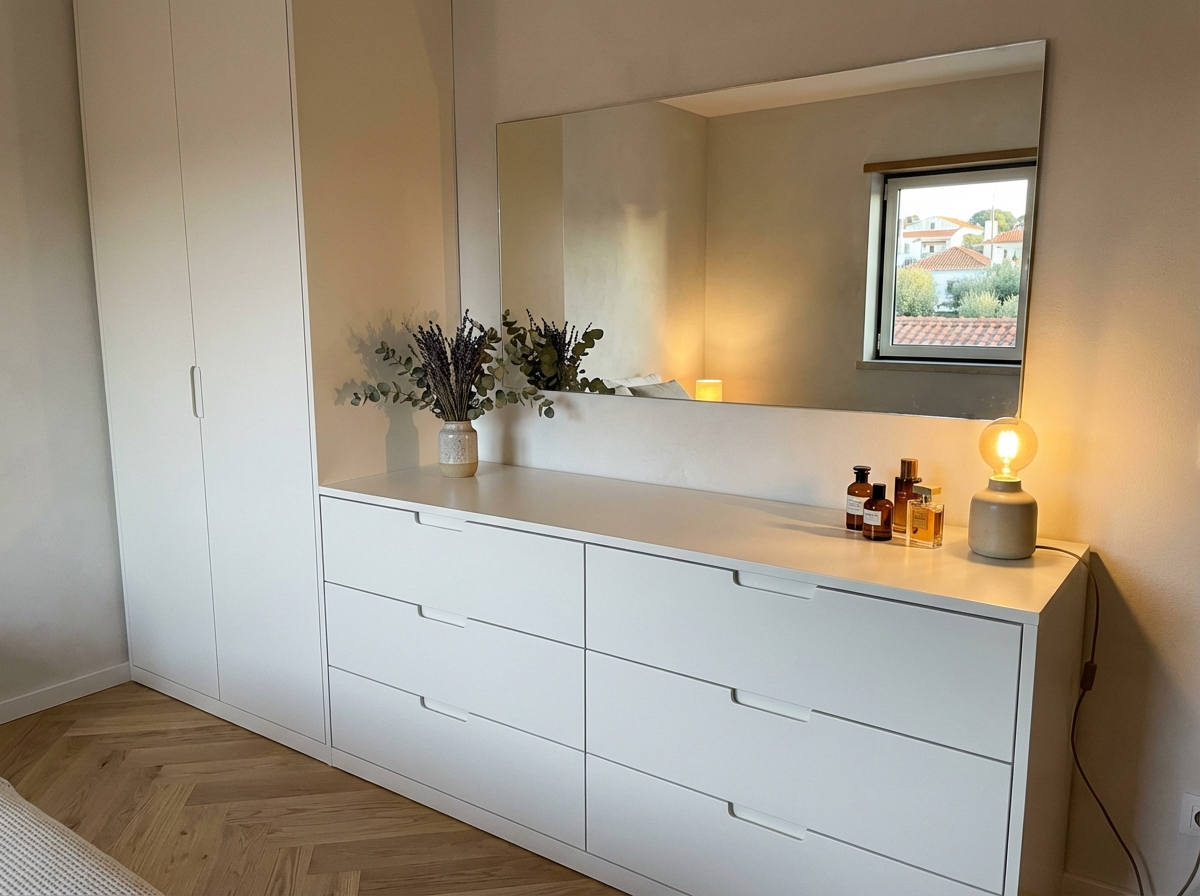 Cómoda com espelho integrado e acabamento mate