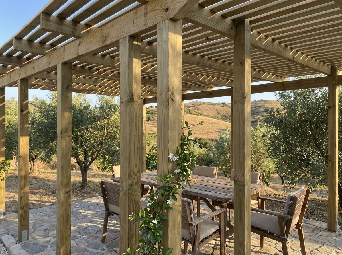 Pérgola de madeira com cobertura em ripas num jardim