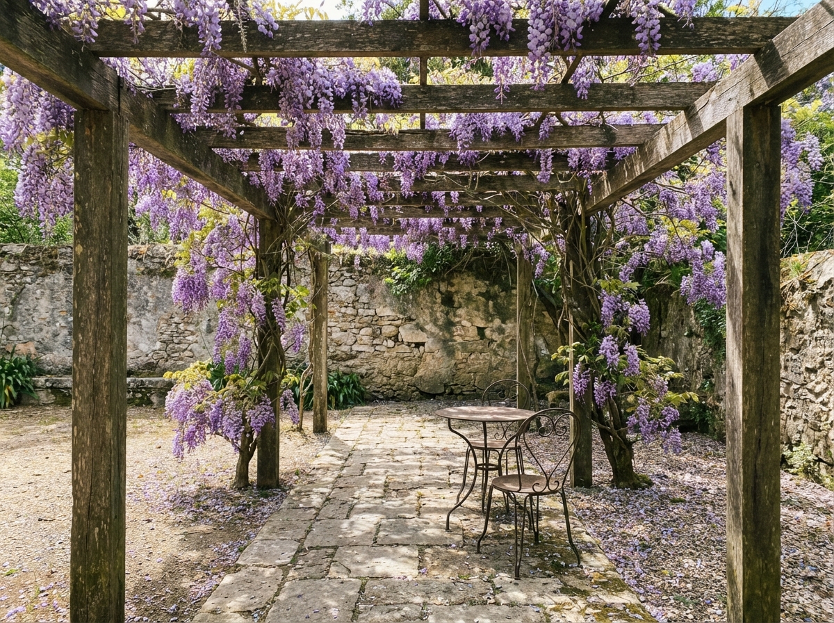 Pérgola rústica com trepadeira de glicínia