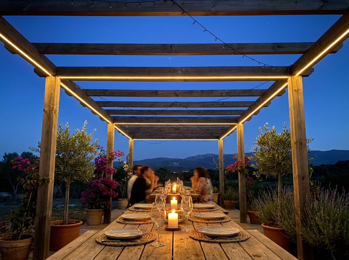 Pérgola com iluminação LED integrada à noite