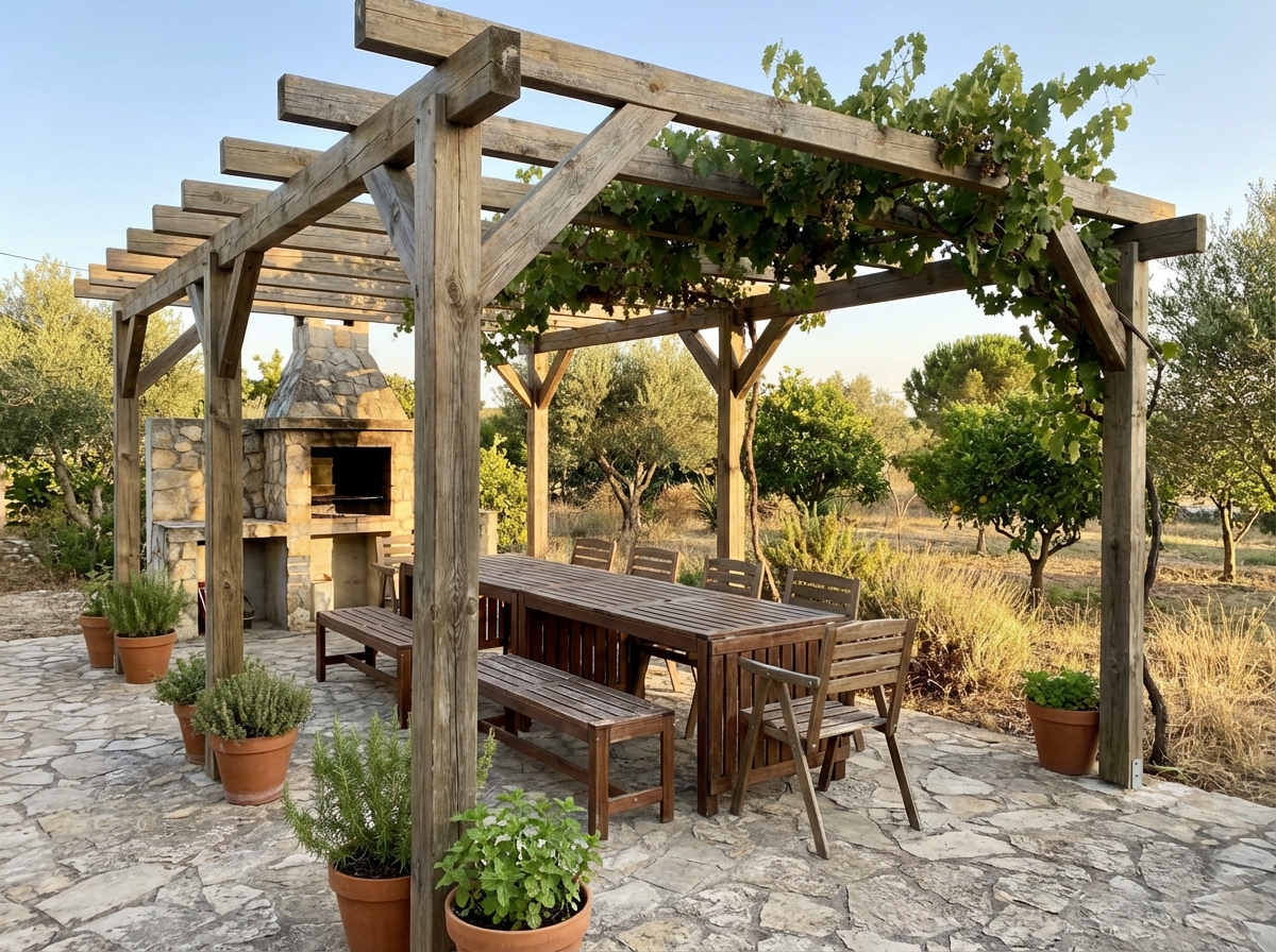 Pérgola sobre zona de refeições ao ar livre