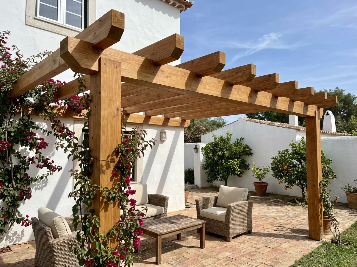 Pérgola de madeira para sombreamento de terraço em Setúbal