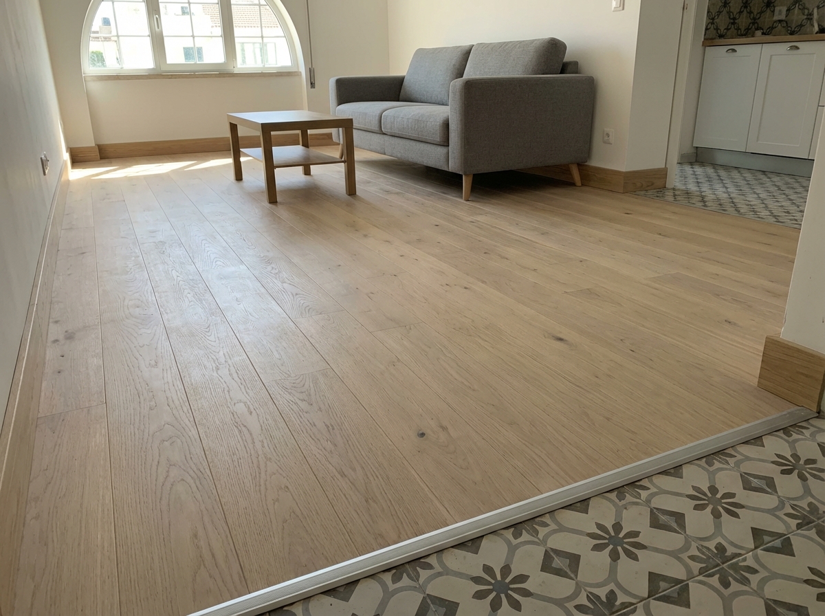 Piso flutuante em carvalho claro numa sala de estar