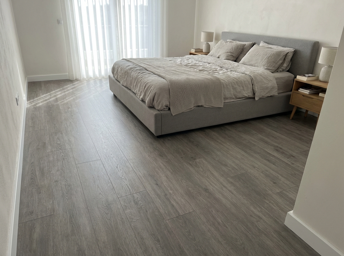 Piso laminado cinza num quarto contemporâneo