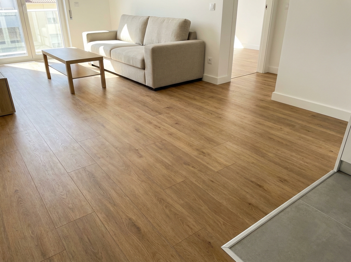 Piso flutuante e vinílico instalado em sala em Setúbal