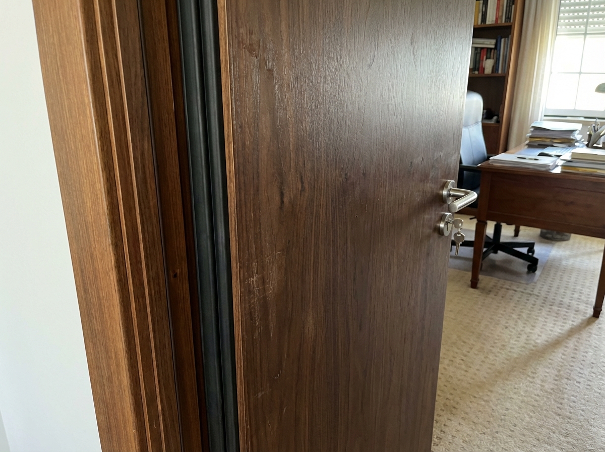 Porta técnica acústica com acabamento em nogueira