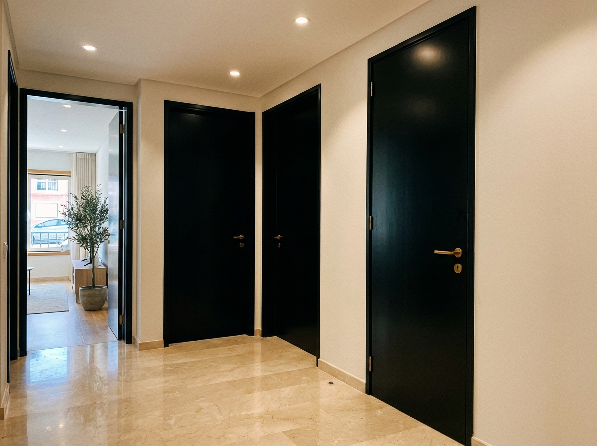 Conjunto de portas lacadas pretas até ao tecto