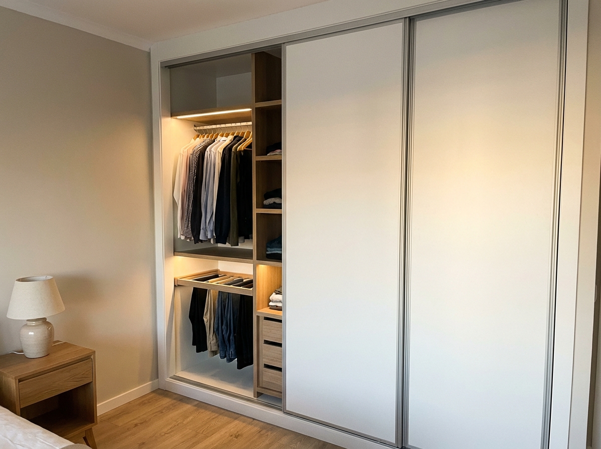 Roupeiro embutido lacado branco com portas de correr