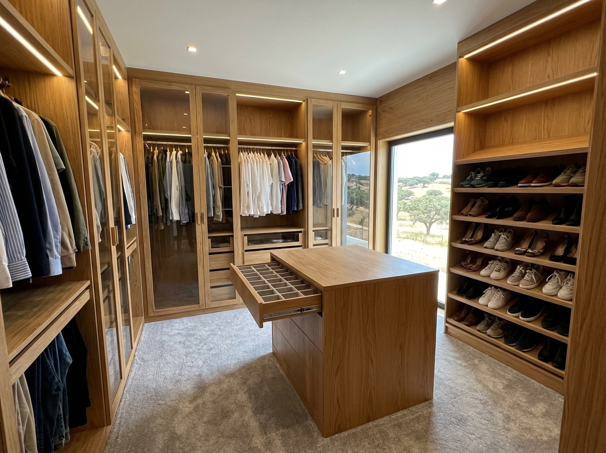 Walk-in closet em madeira de carvalho com iluminação LED
