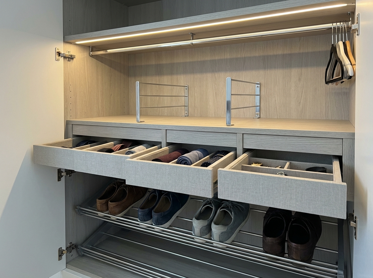 Interior de roupeiro com gavetas organizadoras e módulo sapatos