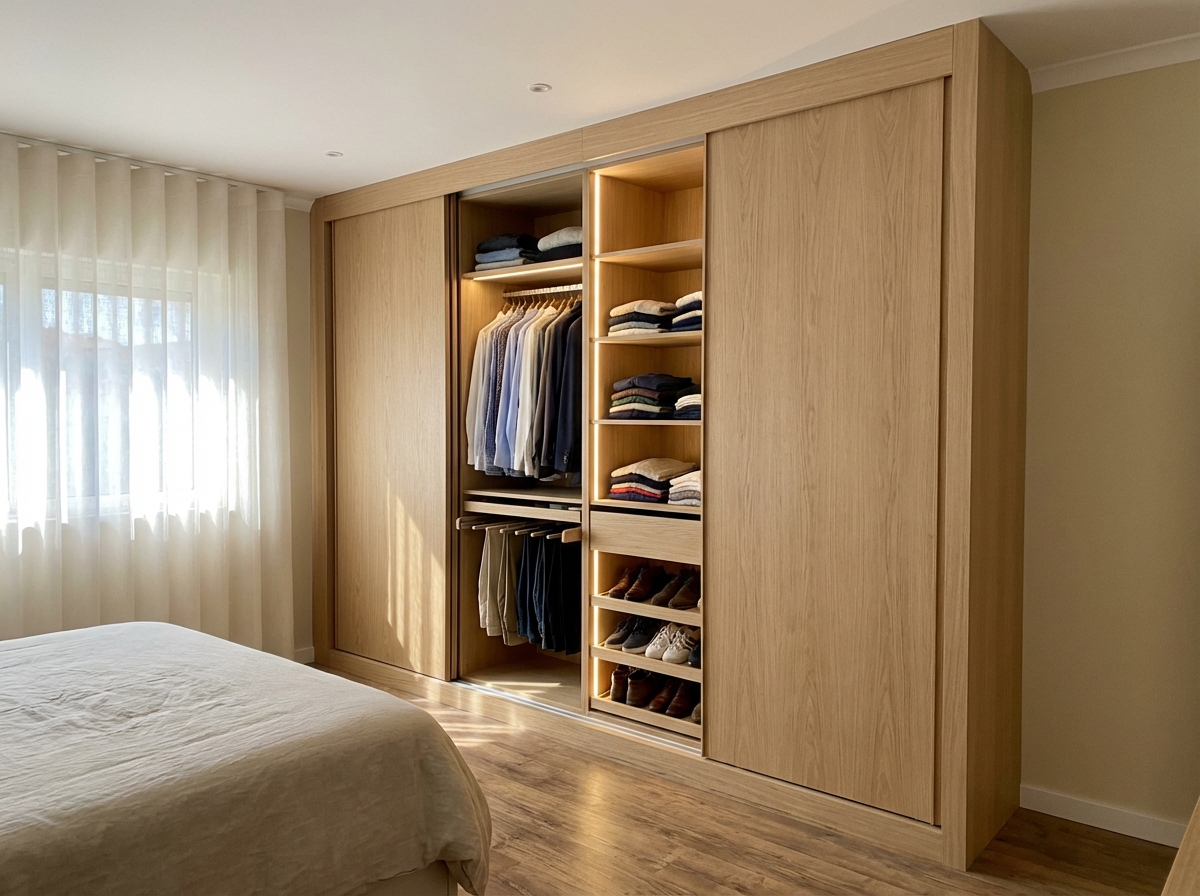 Roupeiro embutido sob medida com organização interior em Setúbal